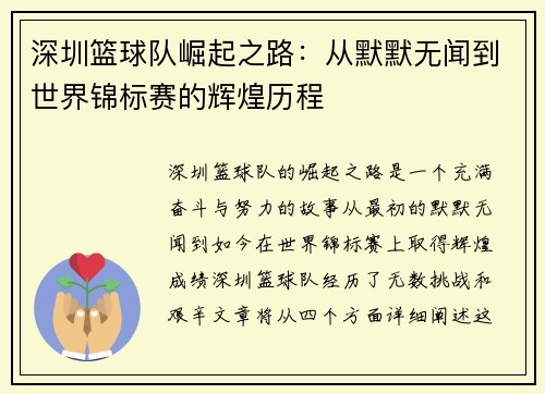 深圳篮球队崛起之路：从默默无闻到世界锦标赛的辉煌历程